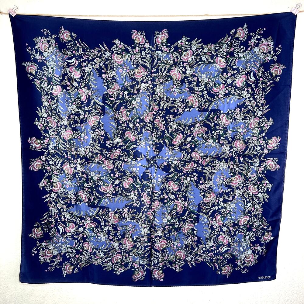 Pendleton Silk Scarf Square Floral Print Navy Blue Pink Rose Flowers Vintage